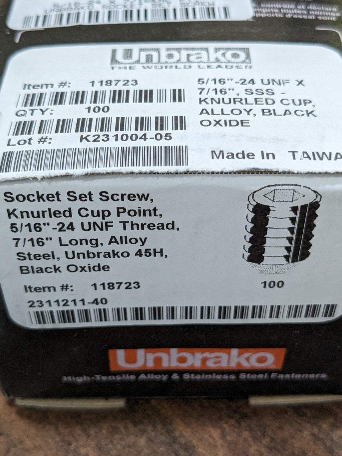 UNBRAKO Set Screw 5/16-24 x 7/16" Knurled Cup Point Alloy Steel 100ct 118723