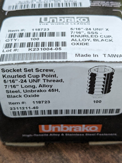 UNBRAKO Set Screw 5/16-24 x 7/16" Knurled Cup Point Alloy Steel 100ct 118723