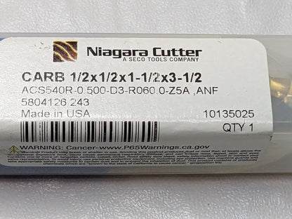 NIAGARA CUTTER Carb CR End Mill 1/2"D 5FL ACS540R-0.500-D3-R060.0-Z5A 10135