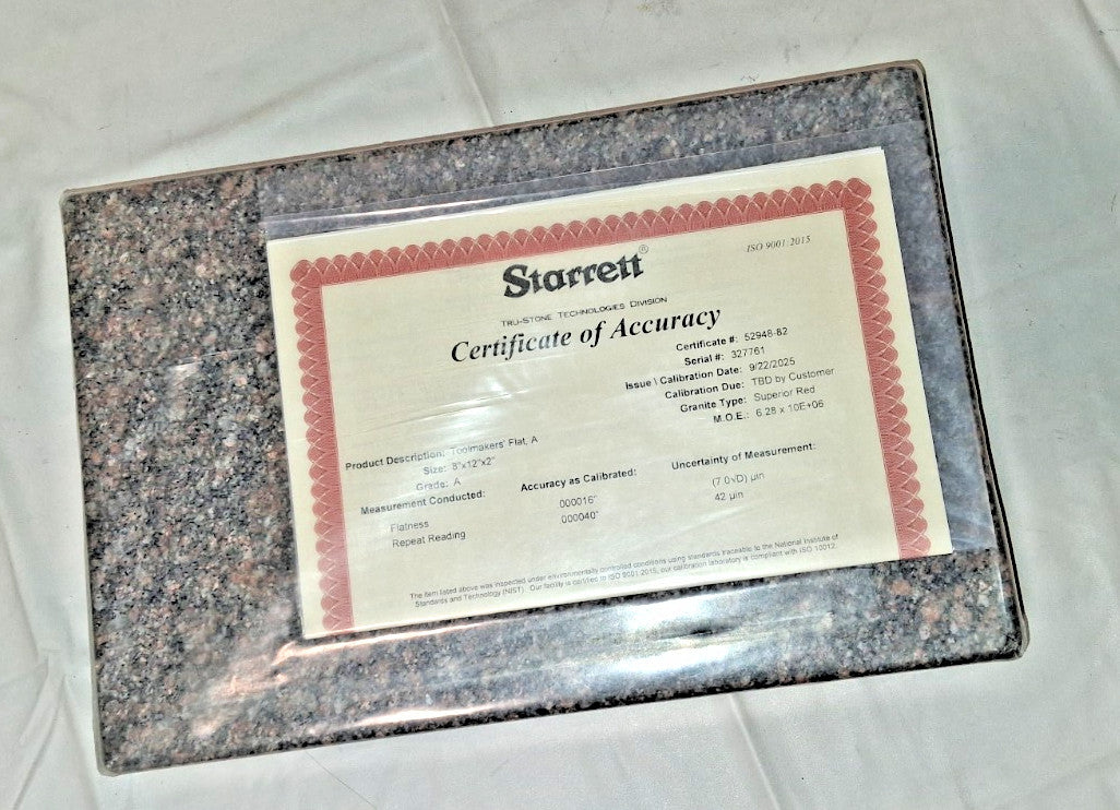 Starrett Inspection Surface Plate 12" W 8" L 2" T Granite No Ledge Grade A 88803