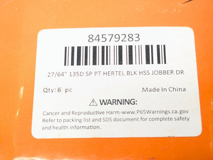 Hertel Jobber Length Drill Bits HSS 27/64" (0.4219) Dia 135 Deg QTY 6 84579