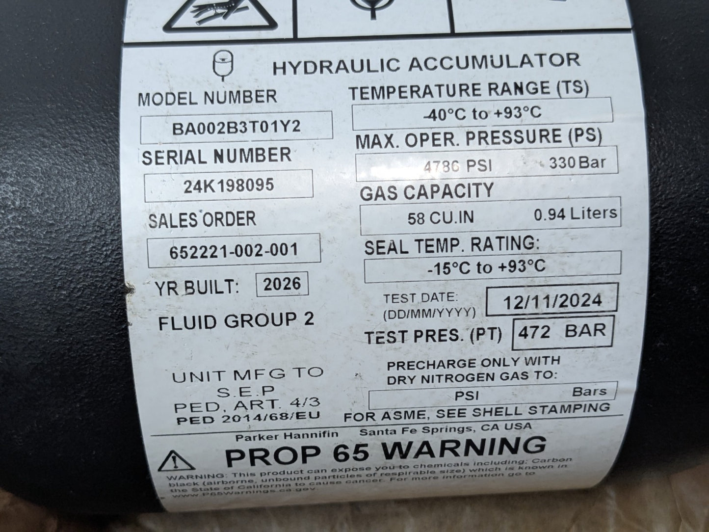 Parker Bladder Accumulator Gas Cap 58 CU.IN/ 0.94 Liters BA002B3T01Y2