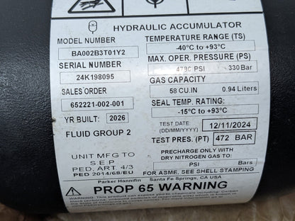 Parker Bladder Accumulator Gas Cap 58 CU.IN/ 0.94 Liters BA002B3T01Y2