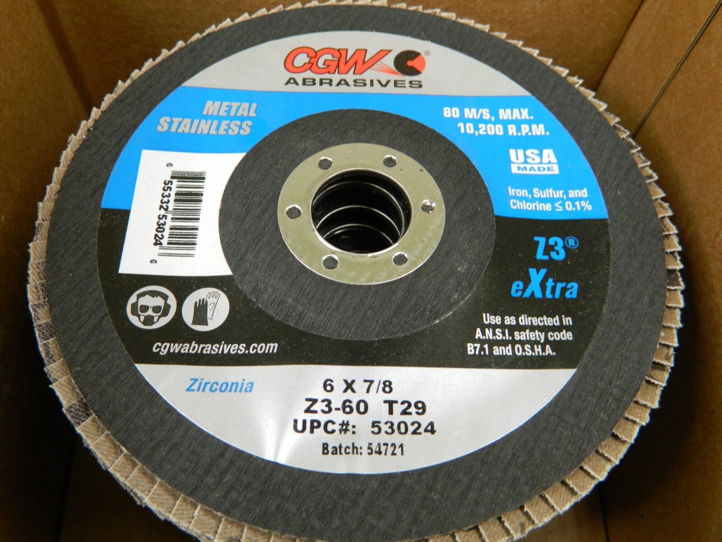 CGW Flap Disc 6" Diam 7/8 Hole, 60 Grit, Zirconia Alumina, Type 29 Qty 10 53024