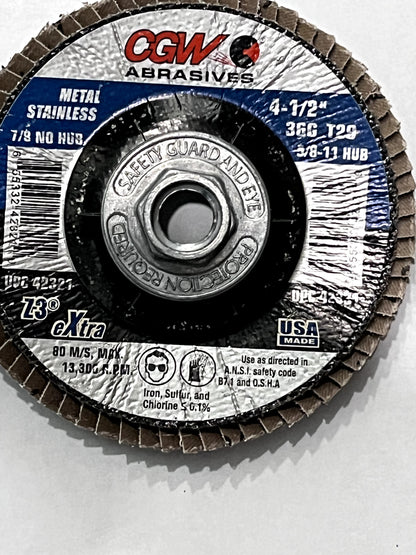 CGW ABRASIVES Flap Disc: 4-1/2" Dia, 36 Grit, Zirconia Alumina, Type 29 QTY 10