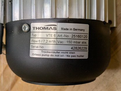 Thomas Oil-less Rotary Vane Vacuum Pump 7.2 m3/hr. 150 mbar abs. 115v 25160120