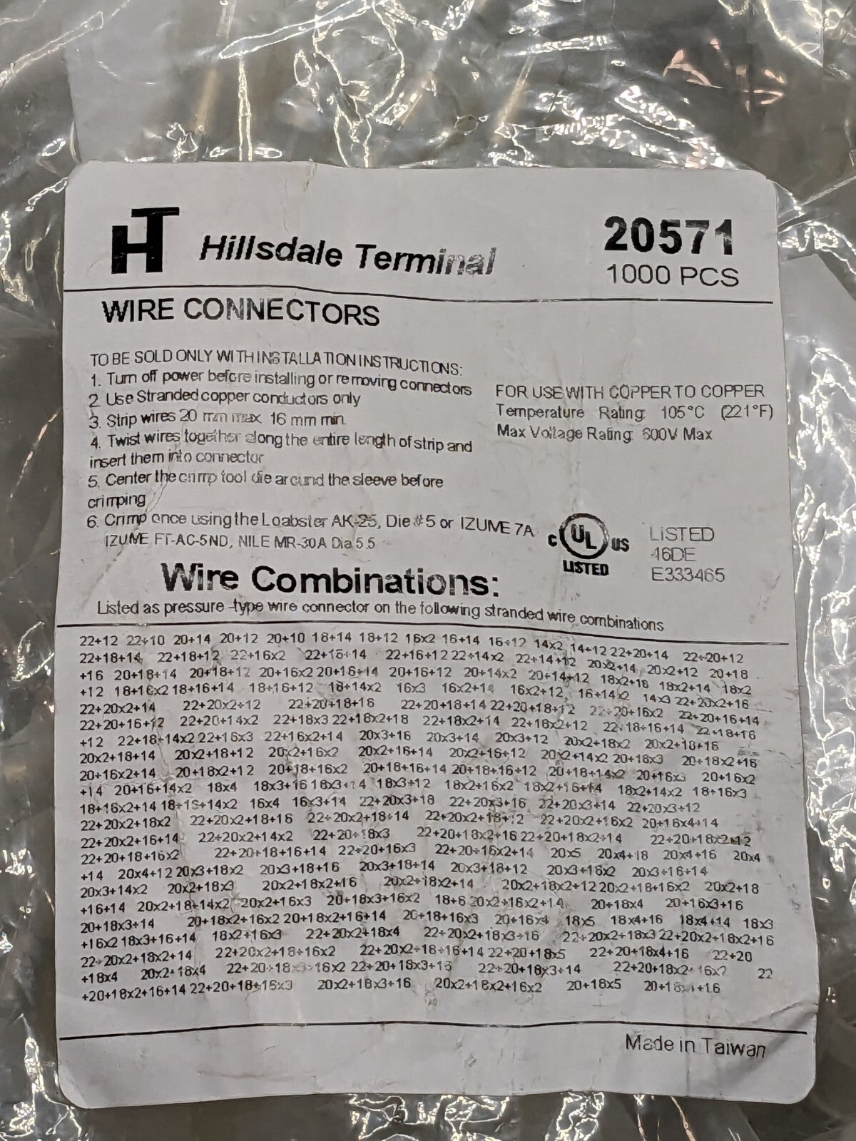 Closed End Twist-On Wire Connector: Clear, 16-10 AWG Qty 1000 NPBC1