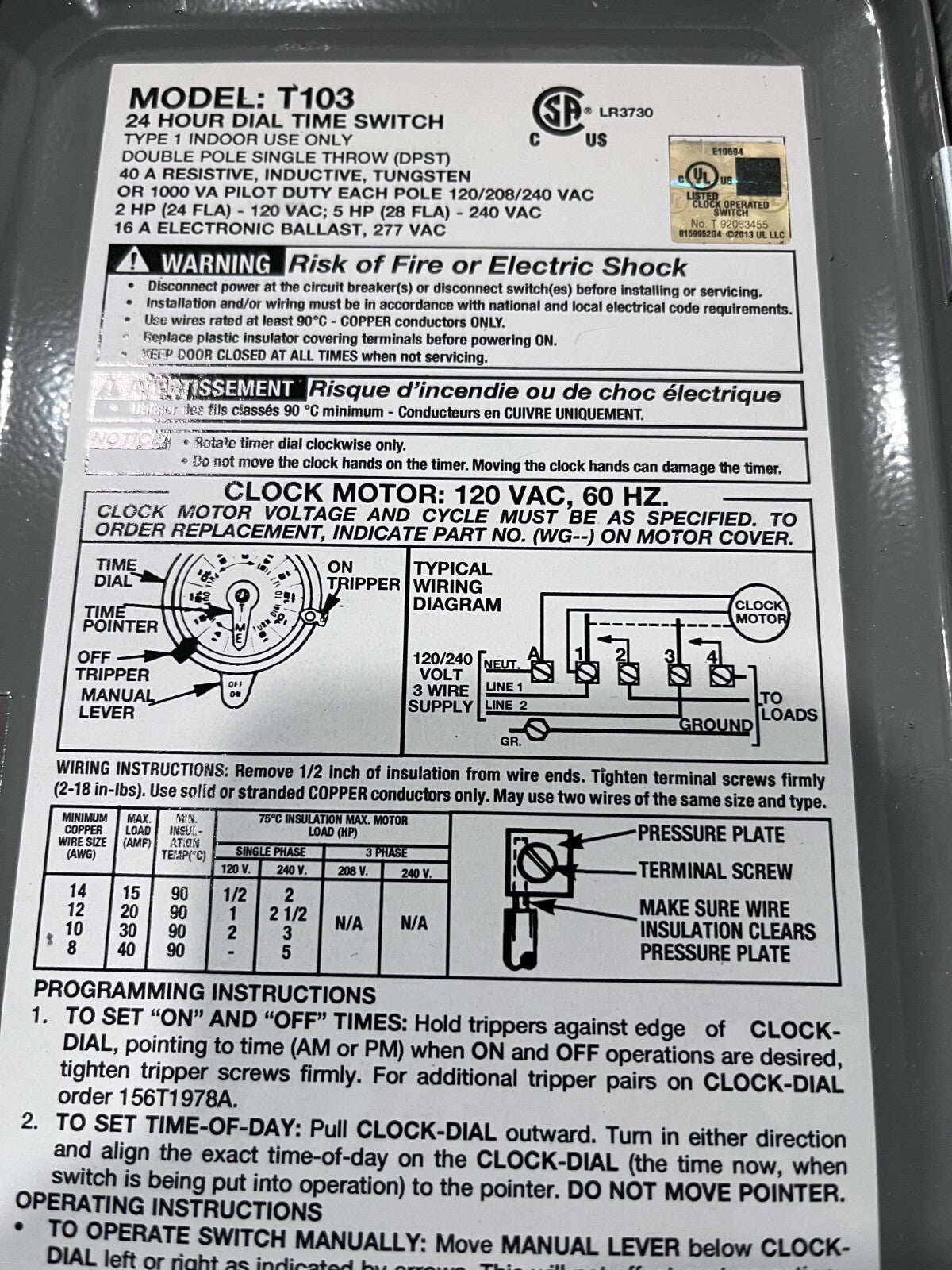 Intermatic 24 hr Indoor Analog Electromechanical Timer Switch T103