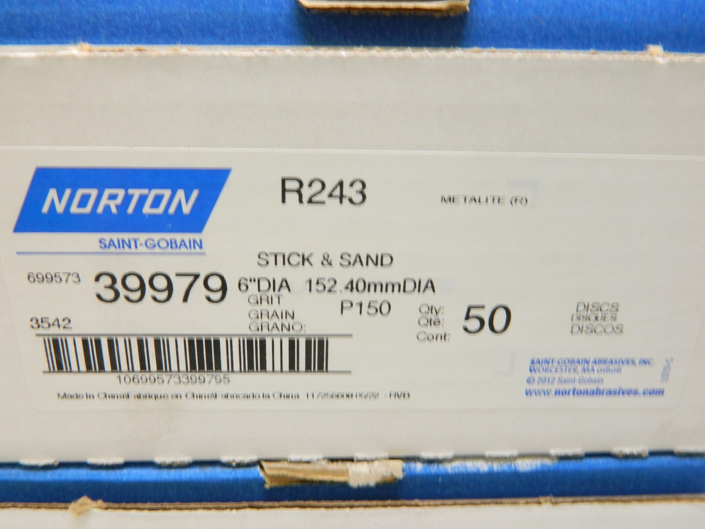 Norton R243 AO P150 Fine Grit 6" Cloth Psa Disc Qty 100 39979