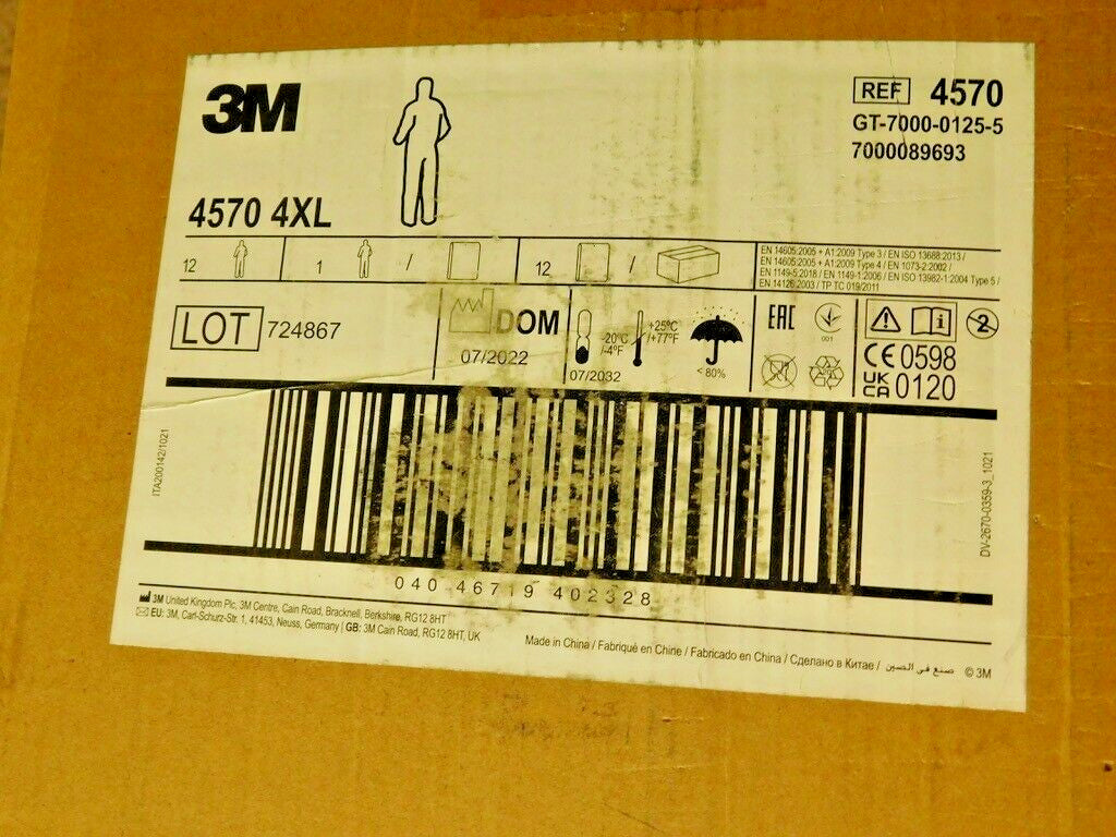 BOX of 12 3M Chemical Protective Hooded Coveralls Size 4XL 4570 7000089693
