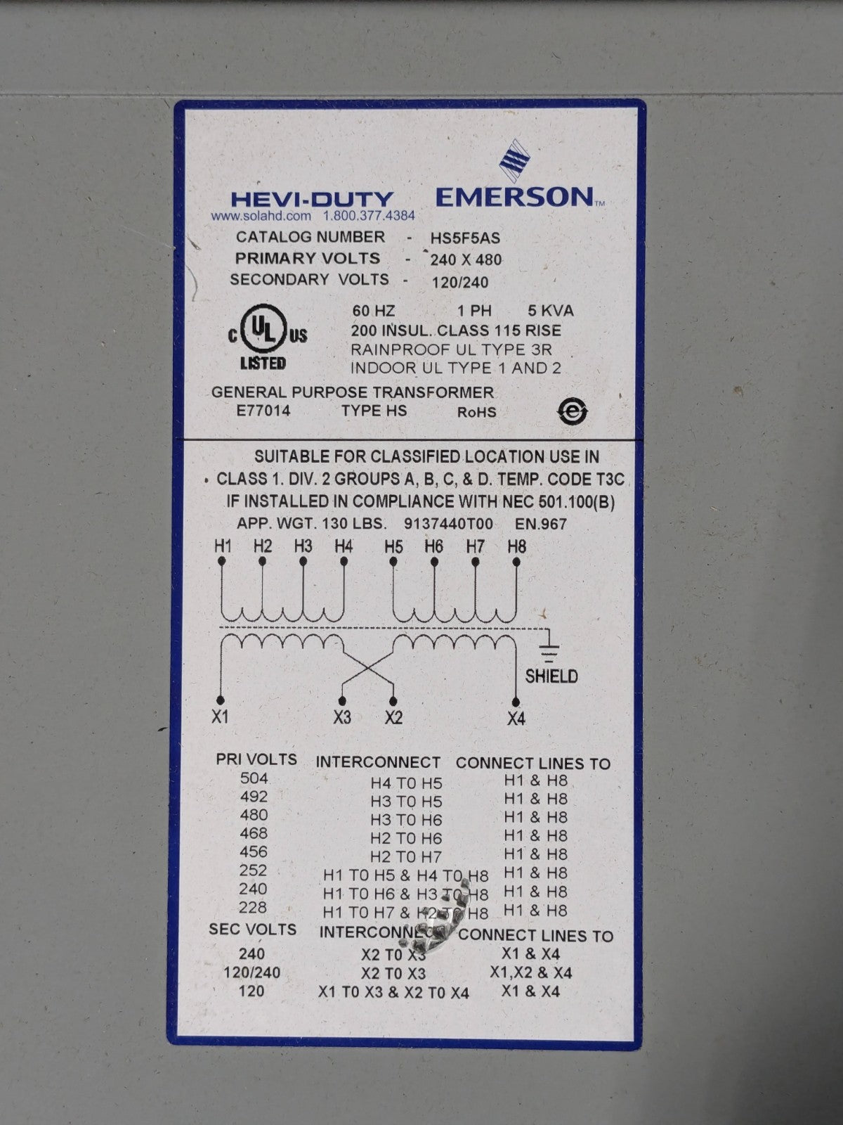 Sola Hevi-Duty Non-Ventilated Automation Transformer HS5F5AS
