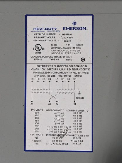 Sola Hevi-Duty Non-Ventilated Automation Transformer HS5F5AS