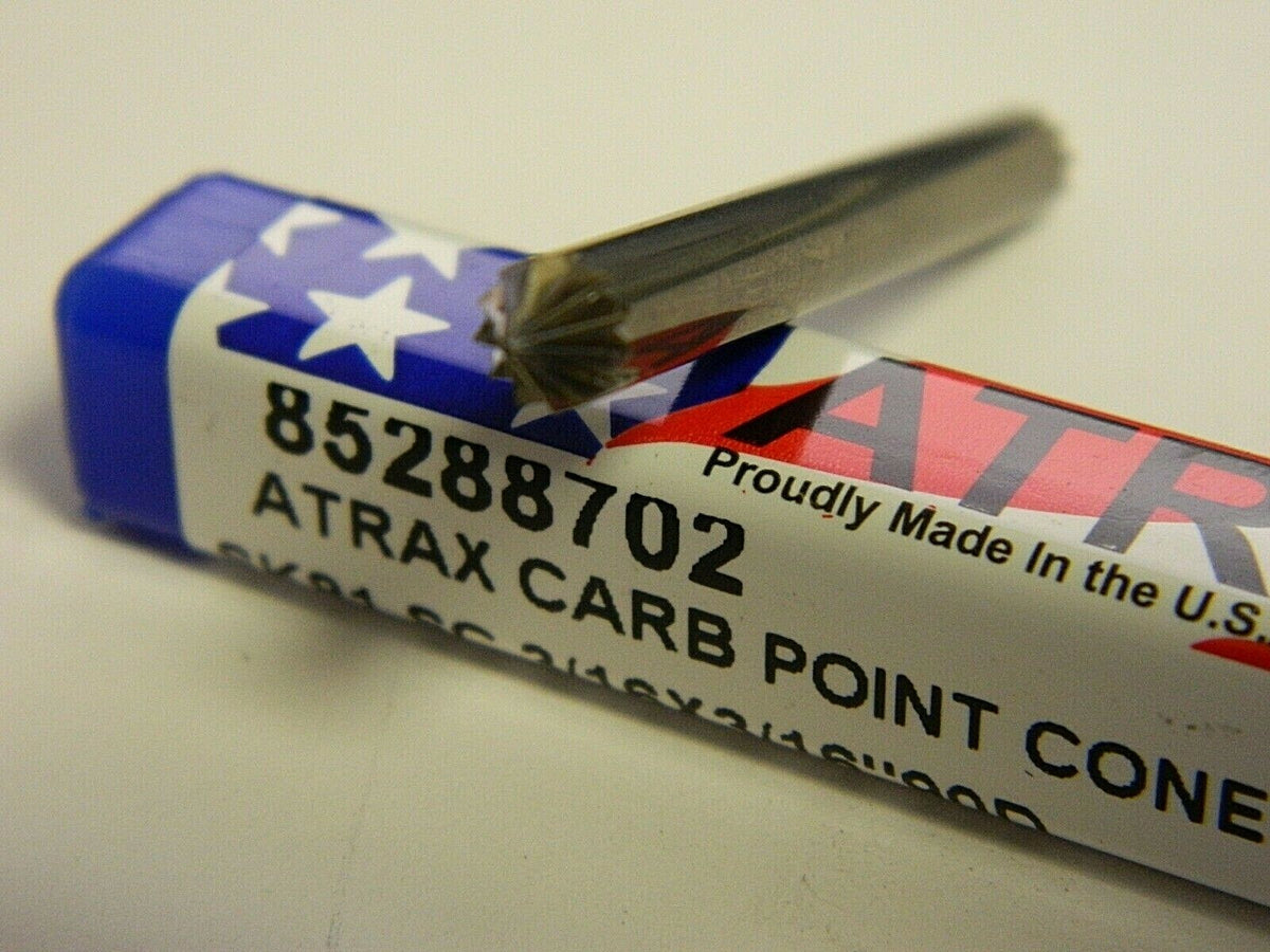 Atrax 3/16" Cut Diam, 3/16" Shank Diam, 90° Carbide Single Cut Cone Burr QTY 4