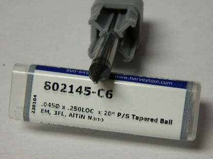 Harvey 20° per Side 0.045 Small End Diam 1/4 LOC 3-Fl Tapered Ball End Mill