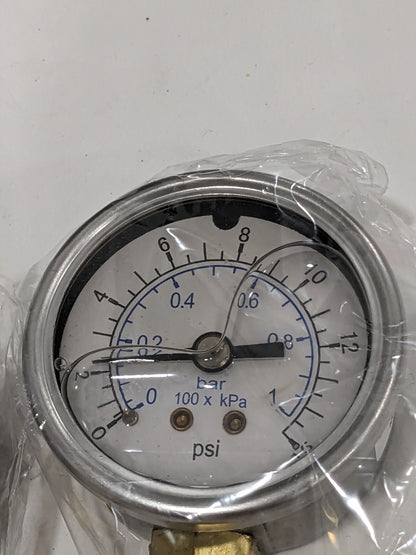WS Pressure Gauge 2" Dial 15 psi, 1/4" Thread, NPT, Lower Mount Qty 2 115AL20015
