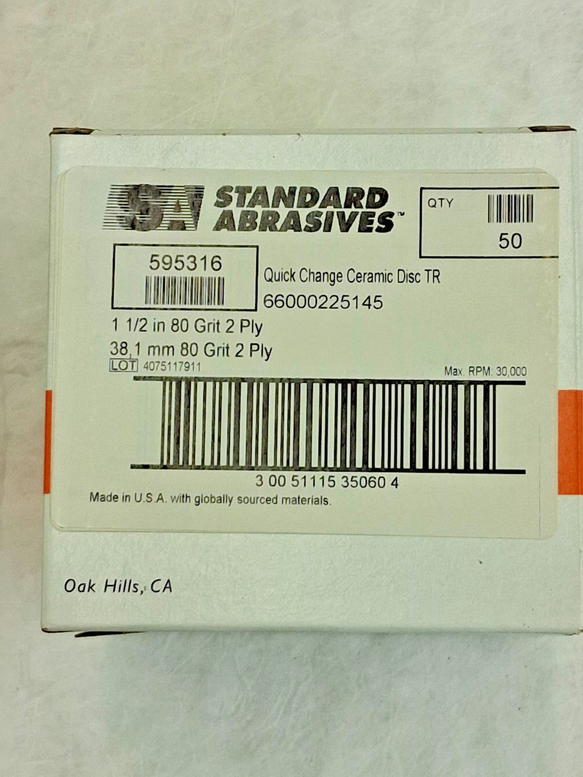 Standard Abrasives Quick Change Discs QTY50 Type R 2" Dia 60 Grit 32967598