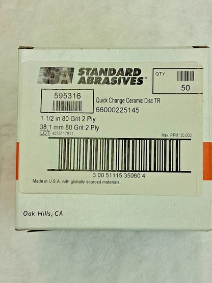 Standard Abrasives Quick Change Discs QTY50 Type R 2" Dia 60 Grit 32967598