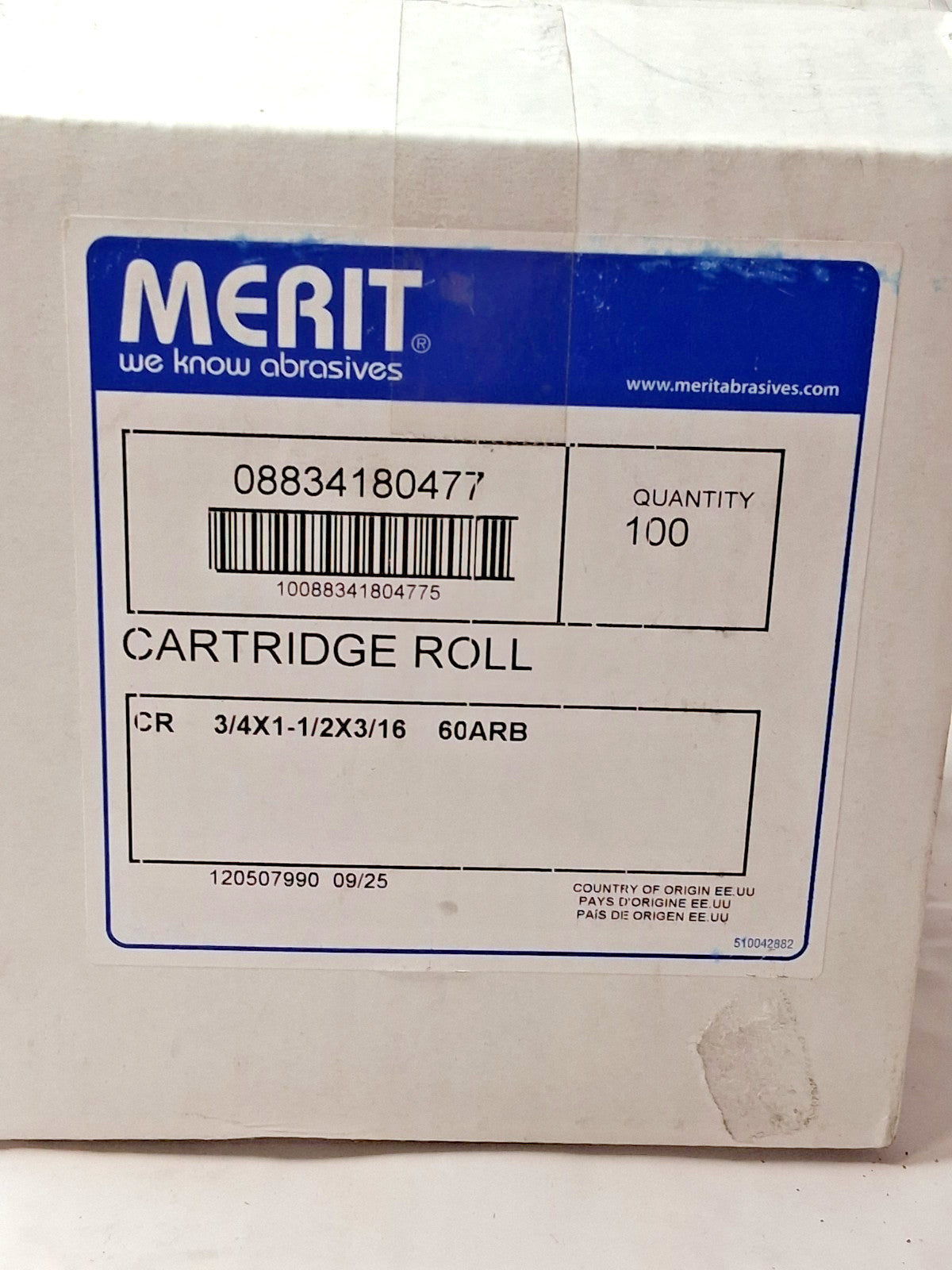 Merit Straight Cartridge Rolls 3/4" x 1-1/2" 60 Grit Al/O QTY100 08834180477