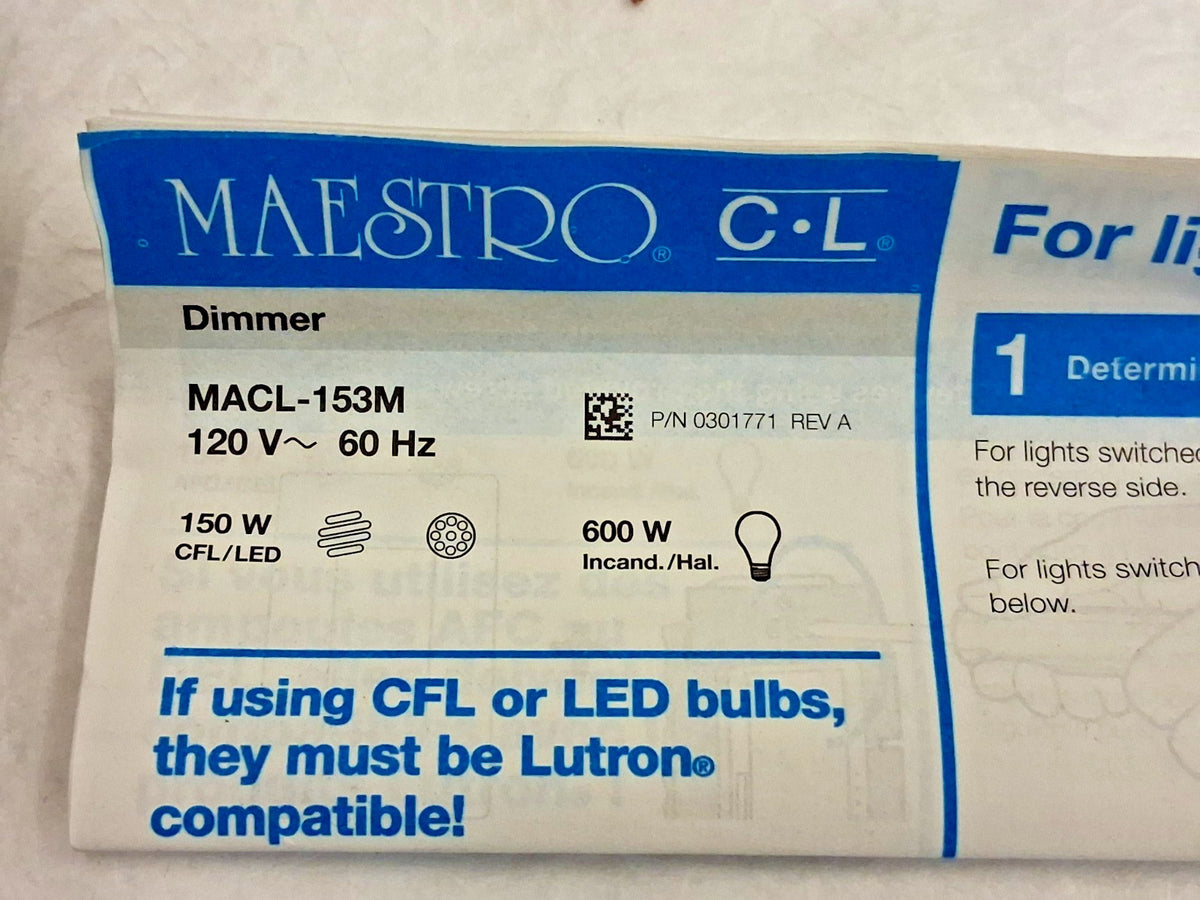 Lutron Mastero LED Dimmer Switch For Dimmable LED Bulbs 150W MACL-153MH-WH