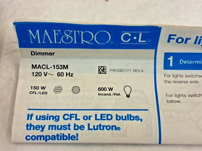 Lutron Mastero LED Dimmer Switch For Dimmable LED Bulbs 150W MACL-153MH-WH