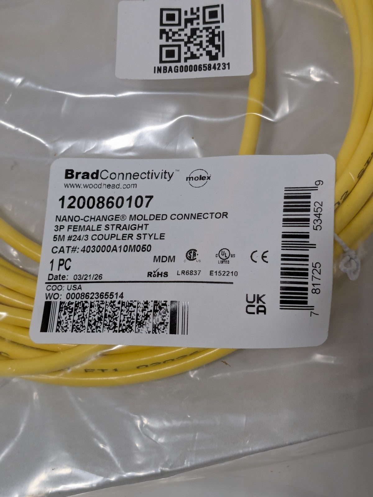(4) Brad M8 Female Straight to Pigtail Cordset Sensor and Receptacle 3 Amp