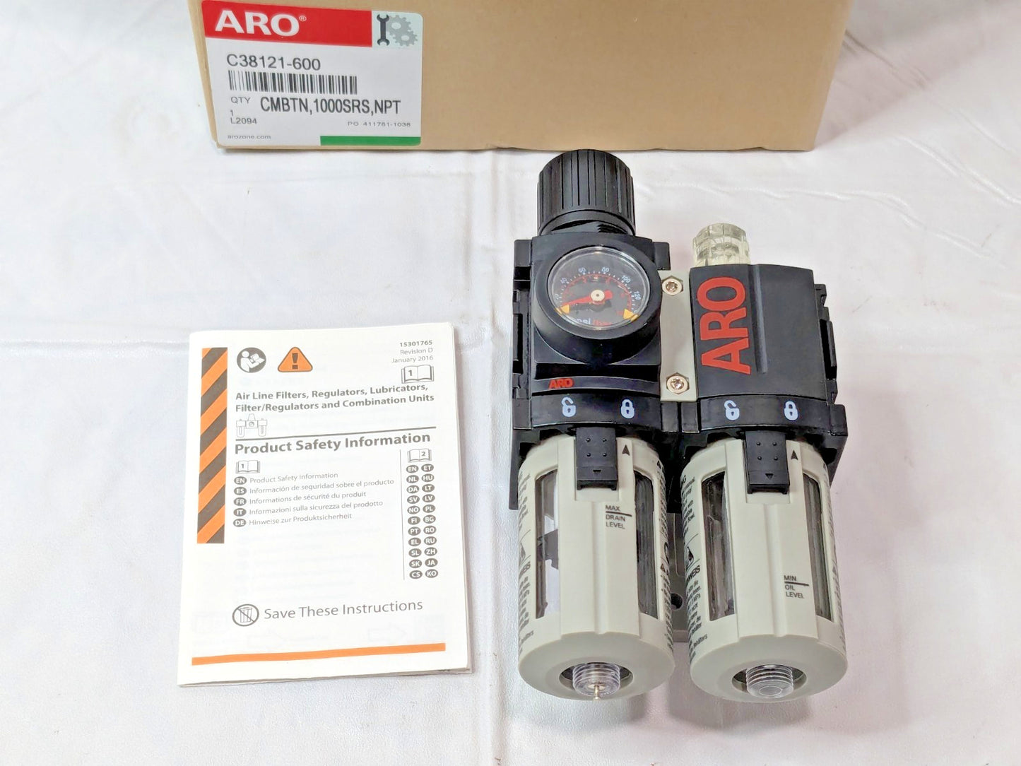 ARO/Ingersoll-Rand 2 Pc FRL w/Pressure Gauge 1/4NPT C38121-600