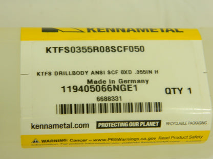 KENNAMETAL Indexable Drill Body: Straight Shank KTFS0355R08SCF050 6688331