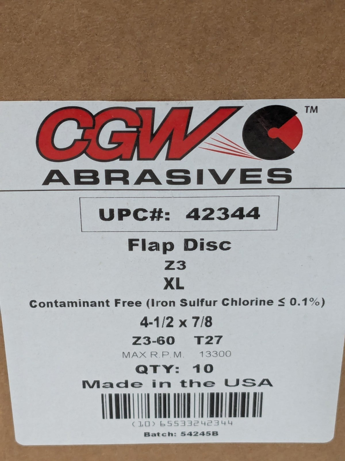 CGW Flap Disc: 4-1/2" Dia, 7/8" Hole, 60 Grit, ZA, Type 27 Box of 10 42344