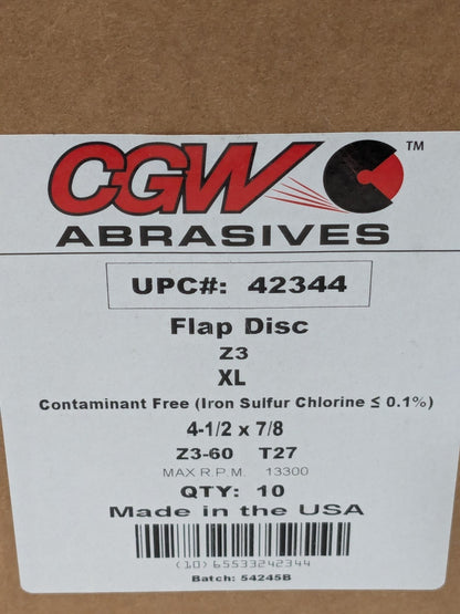 CGW Flap Disc: 4-1/2" Dia, 7/8" Hole, 60 Grit, ZA, Type 27 Box of 10 42344