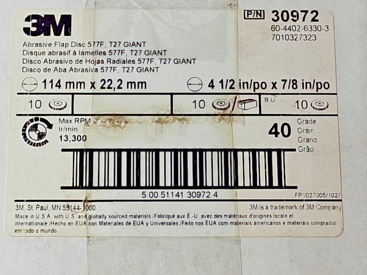 3M 40 Grit Zirconia Alumina Flap Discs QTY10 4-1/2" Dia 7/8" Hole 71369938