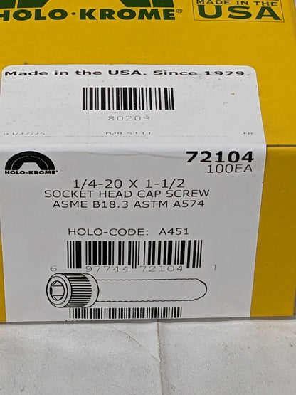 HOLO-KROME Hex Socket Cap Screw: 1/4-20, 1-1/2" LUH Qty 100 72104