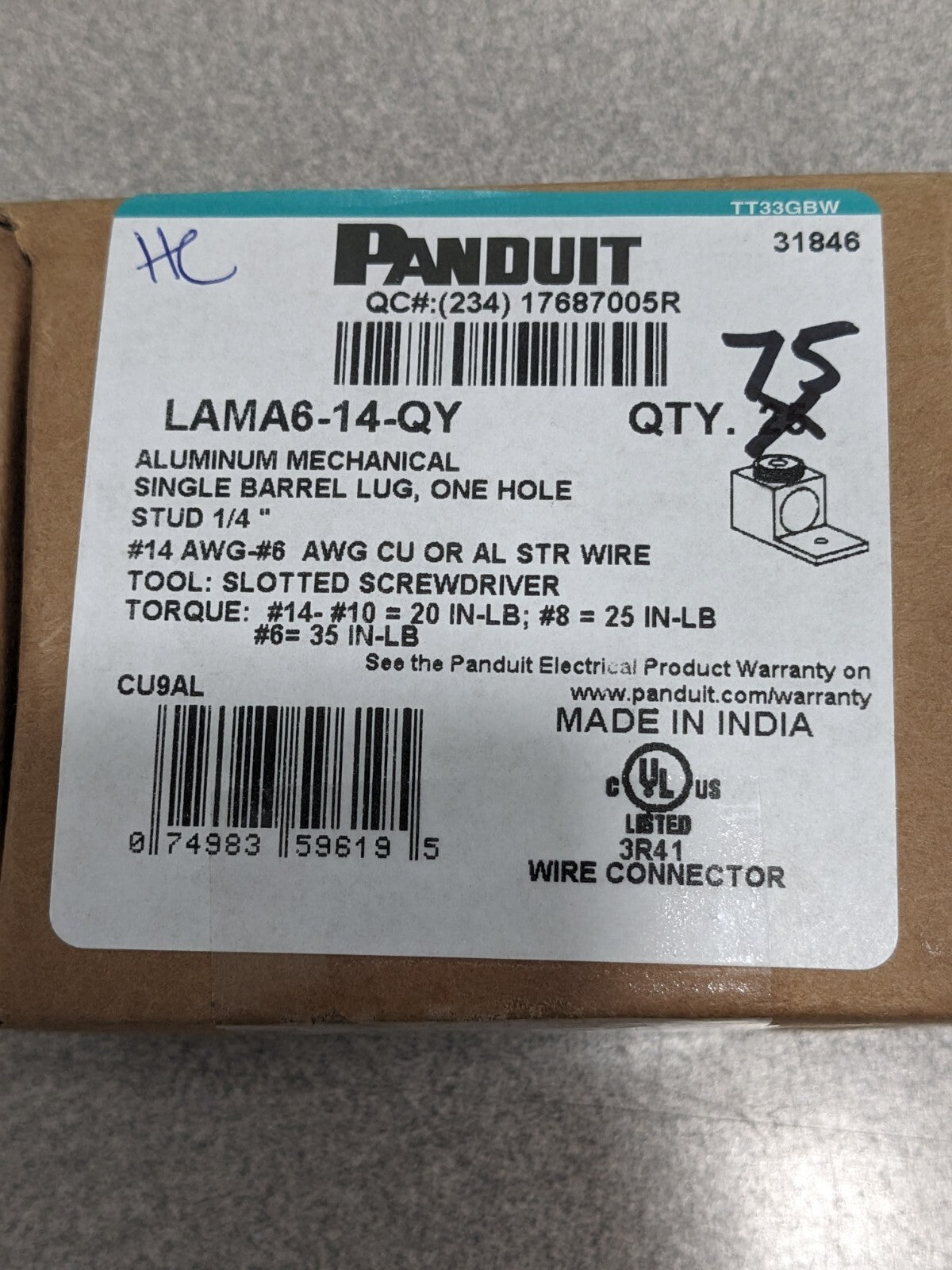 PANDUIT Square Ring Terminal: Non-Insulated, 14 to 6 AWG Qty 75 LAMA6-14-QY