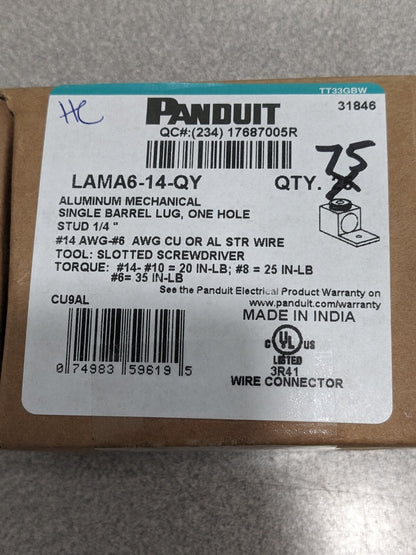 PANDUIT Square Ring Terminal: Non-Insulated, 14 to 6 AWG Qty 75 LAMA6-14-QY