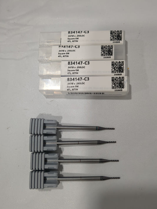 HARVEY TOOL 4pk Square End Mills 3/64"Dia 4 Fl Solid Carbide 834147-C3