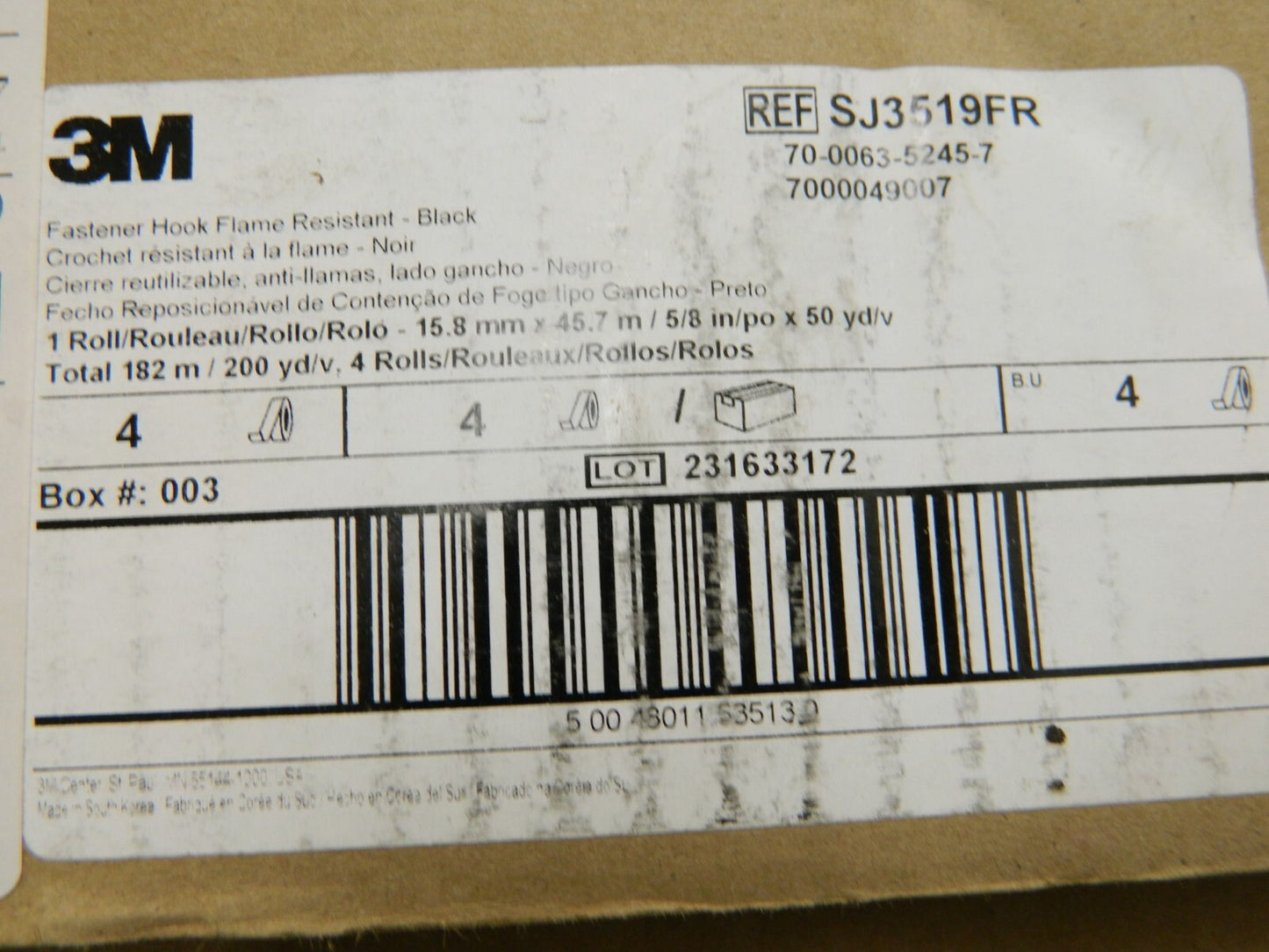 3M Hook & Loop Roll;Black; Length (yd): 50.00 Qty 4 Rolls 7000049007