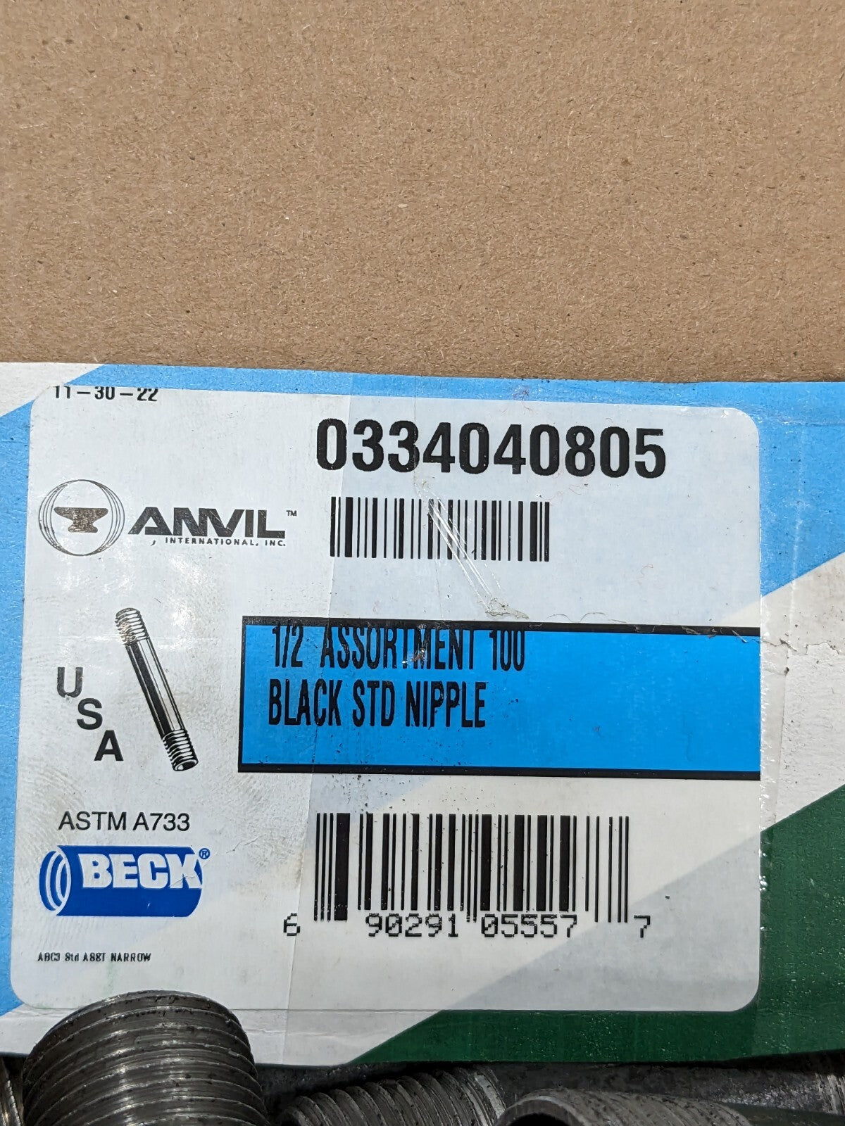 ANVIL 100 Piece, 1/2" Pipe, Black Finished Steel Pipe Nipple Set 0334040805
