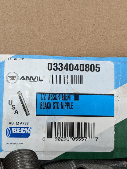 ANVIL 100 Piece, 1/2" Pipe, Black Finished Steel Pipe Nipple Set 0334040805
