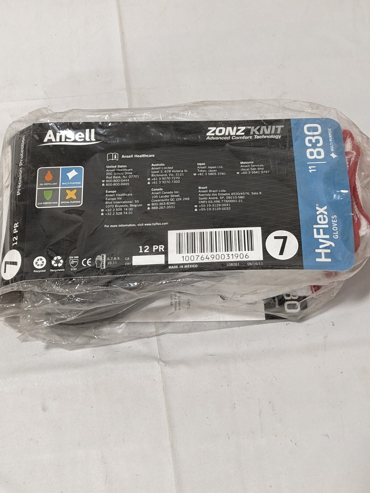 12 Pair Ansell HyFlex Light-Duty Multipurpose Glove with Knitwrist Size 7 11-830