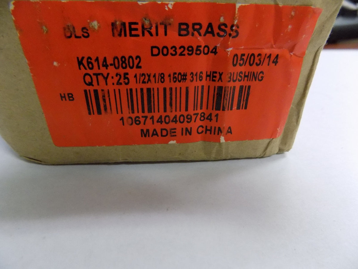 Merit Brass K614-0802 1/2" x 1/8" 150 Psi Hex Bushing Grade 316 Pipe F