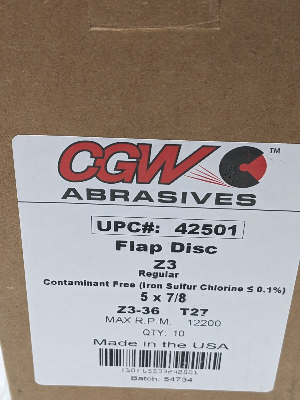 CGW Flap Disc: 7/8 Hole, 36 Grit, Zirconia Alumina, Type 27 Qty 10 42501