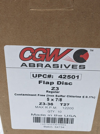 CGW Flap Disc: 7/8 Hole, 36 Grit, Zirconia Alumina, Type 27 Qty 10 42501