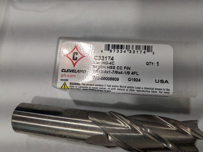 CLEVELAND Square End Mill: 7/8" Dia 4 Fl HSS C33174