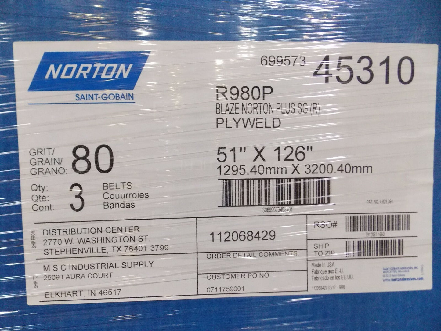 Norton Abrasive Belts  80G 51" x 126" Plyweld  QTY 3  69957345310