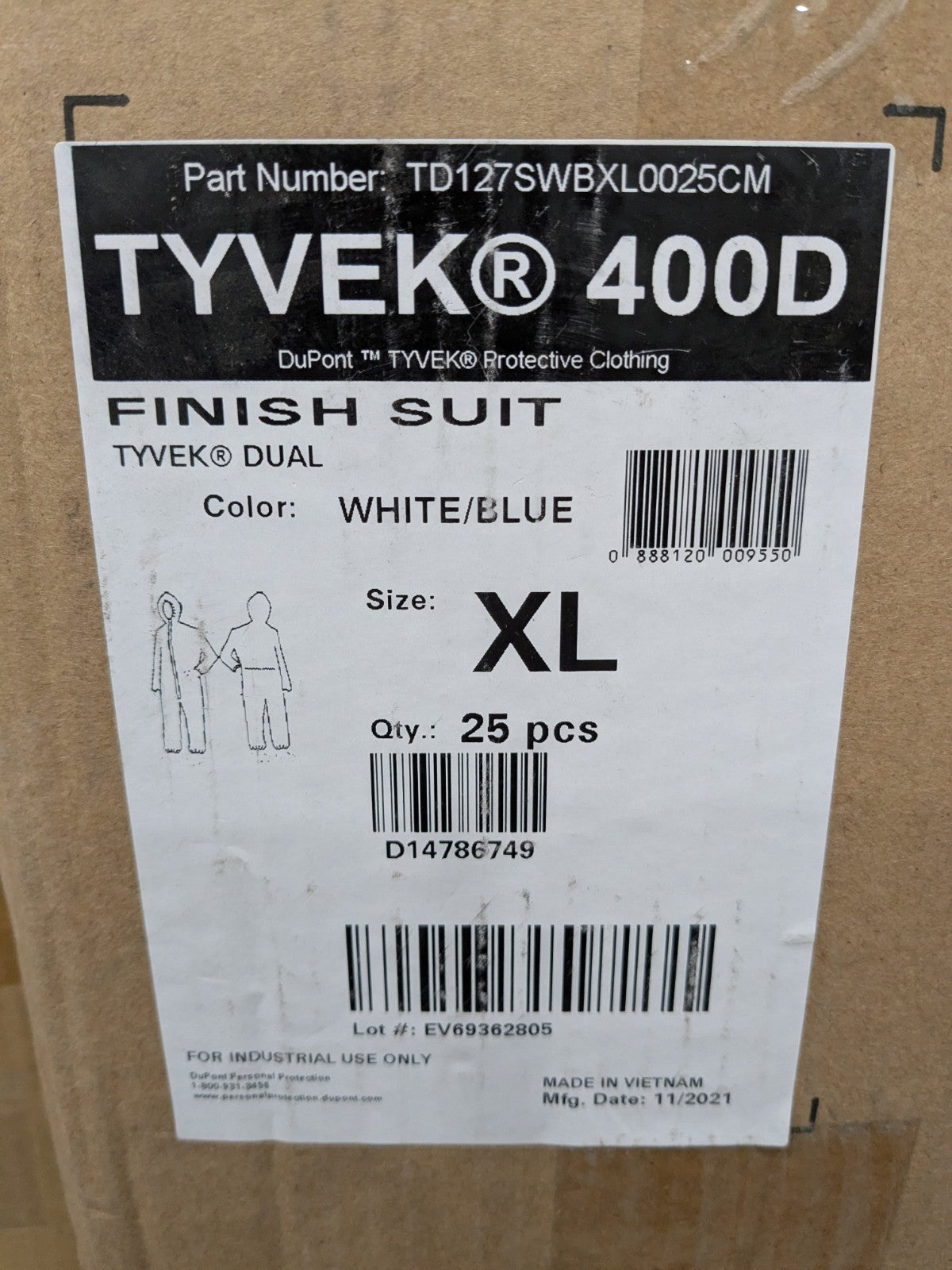 (25) Dupont Disposable Coveralls: Abrasion Protection, Sz XL TD127SWBXL0025CM