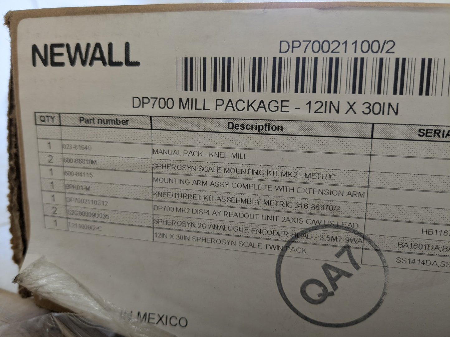 Newall Digital Readout 12" x 30" DRO Mill Package w/ 2-Axis DP700 Display
