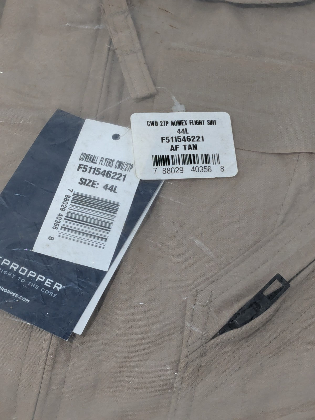 PROPPER Flight Suit Sz 44 Long, Tan, Zipper Closure, 6 Pocket F51154622144L