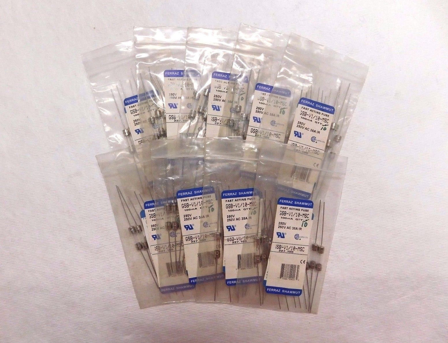 Ferraz Shawmut Fast Acting Mini Glass Fuse 250V 0.10A 10pk #GSB-V1/10
