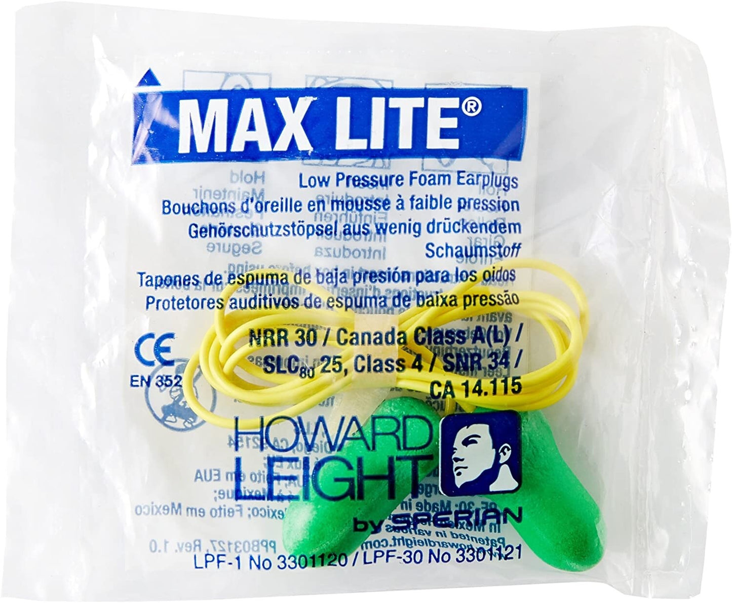 Howard Leight LPF30 Max Lite Corded Earplugs, Green, box of 100 Pairs