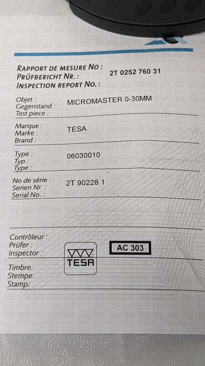 TESA Electronic Outside Micrometer Micromaster IP54 0 to 1.2"/0 to 30mm 06030010