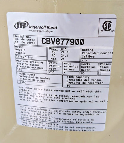 Ingersoll Rand 80Gal Air Compressor 2475N7.5-P  230V/1ph 7.5HP *New/Damaged*